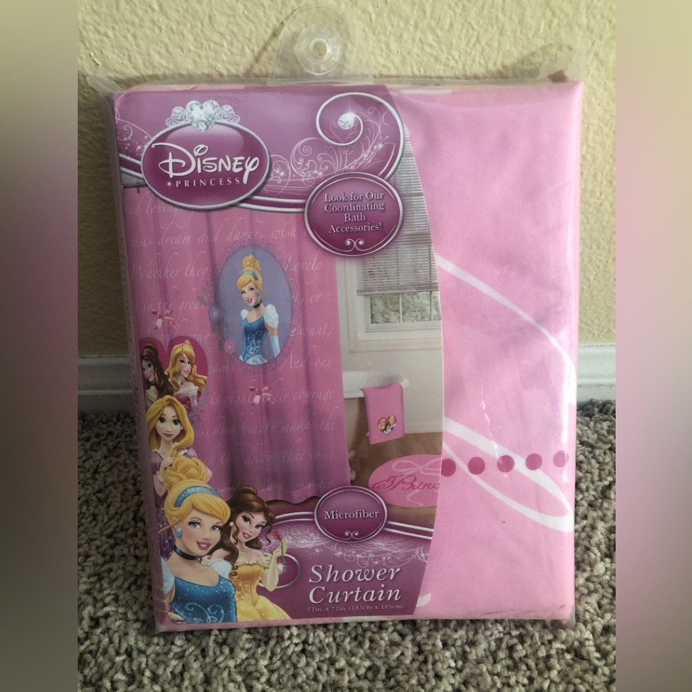 Disney Princess Fabric Microfiber Shower Curtain 72x72 used as party backdrop